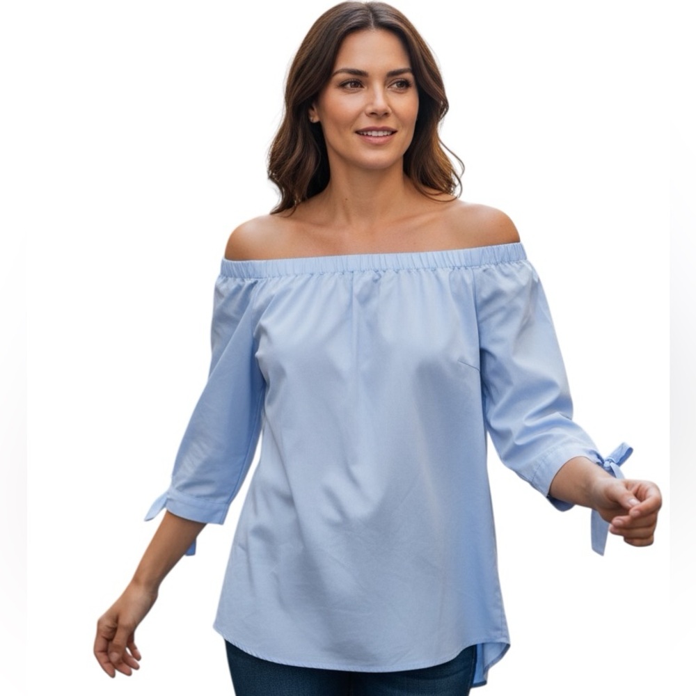 NEIMAN MARCUS LUXE OFF SHOULDER BUTTON DOWN BACK BLUE COTTON POPLIN BLOUSE TOP M
